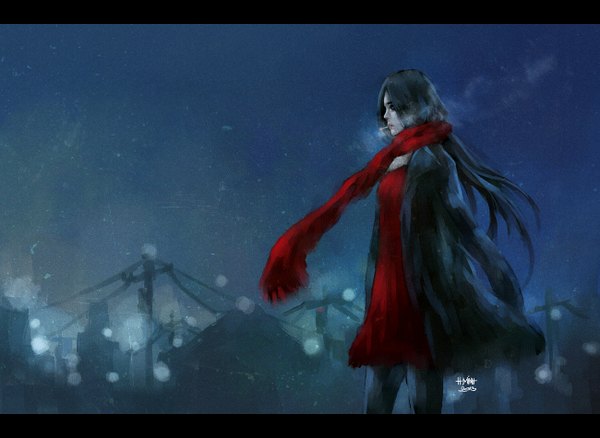 Anime picture 1300x950 with original nanfe single long hair black hair signed profile city letterboxed smoke girl dress scarf red dress cigarette