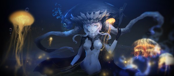 Anime picture 2000x880 with kantai collection wo-class aircraft carrier d-zhai single looking at viewer highres short hair blue eyes wide image white hair revision shinkaisei-kan girl gloves navel black gloves bubble (bubbles) jellyfish