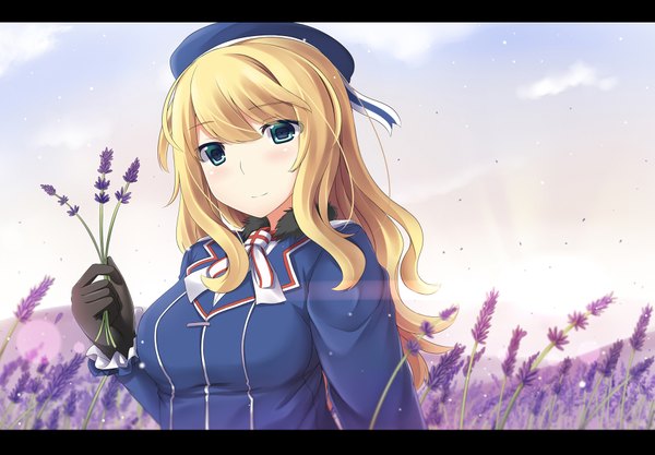 Anime picture 1920x1336 with kantai collection atago heavy cruiser mizunashi kenichi single long hair looking at viewer highres blue eyes blonde hair sky cloud (clouds) girl dress gloves flower (flowers) black gloves beret