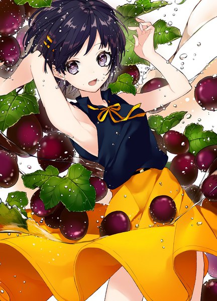 Anime picture 755x1049 with original sogawa single tall image looking at viewer short hair open mouth black hair purple eyes bare shoulders arms up armpit (armpits) sleeveless underwater girl skirt earrings food hairclip leaf (leaves)