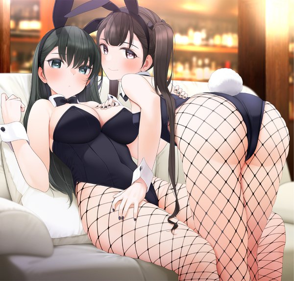 Anime picture 1058x1011 with original giba (out-low) long hair looking at viewer blush fringe breasts light erotic smile brown hair large breasts standing sitting twintails multiple girls brown eyes green eyes animal ears cleavage ass