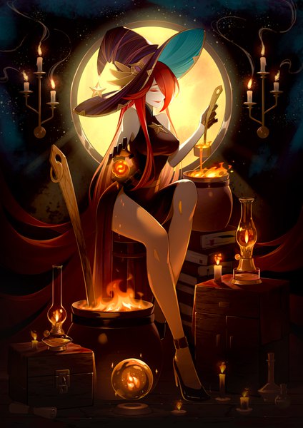 Anime picture 2894x4093 with afk arena mirael (afk arena) louis hung single tall image fringe highres breasts smile large breasts sitting bare shoulders holding full body red hair eyes closed very long hair hair over one eye bare legs high heels