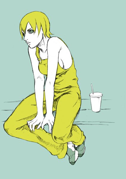 Anime picture 566x800 with jojo no kimyou na bouken foo fighters chounorin single tall image looking at viewer short hair simple background blonde hair sitting bare shoulders no bra grey eyes aqua background girl drink overalls