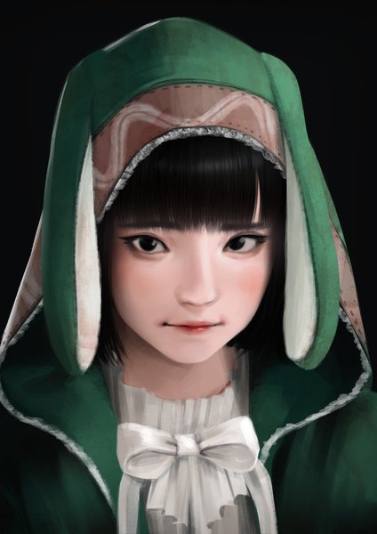 Anime picture 1920x2716 with dead by daylight feng min jubi (regiana) single tall image looking at viewer fringe highres short hair black hair light smile black eyes lipstick black background portrait red lipstick animal hood girl hood