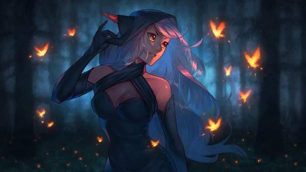 Anime picture 1920x1080 with original nakanoart single long hair highres breasts open mouth light erotic smile red eyes wide image bare shoulders signed looking away cleavage silver hair wind pointy ears blurry night