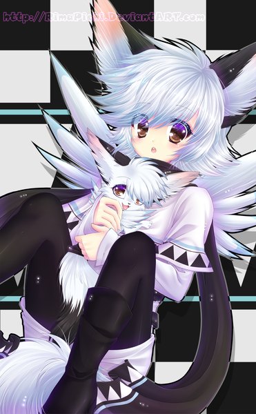 Anime picture 1300x2099 with original rimapichi tall image short hair open mouth smile brown eyes animal ears white hair tail animal tail checkered checkered background girl pantyhose scarf
