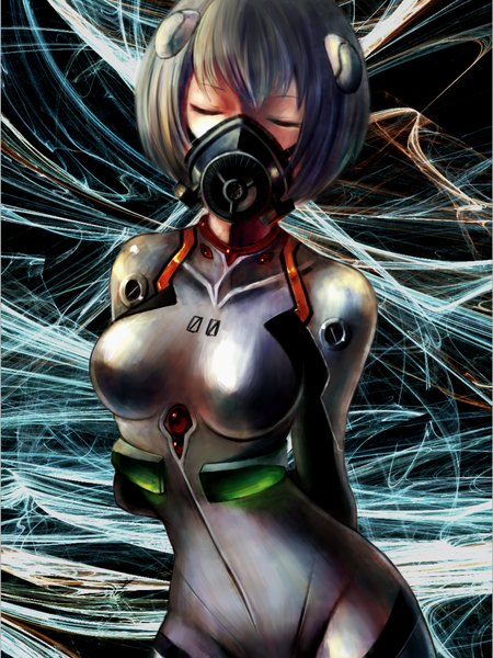 Anime picture 1200x1600 with neon genesis evangelion rebuild of evangelion gainax ayanami rei akubi (artist) single tall image short hair brown hair eyes closed girl bodysuit mask pilot suit respirator