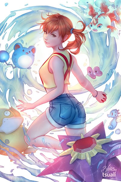 Anime picture 720x1080 with pokemon nintendo misty (pokemon) marill luvdisc psyduck starmie horsea goldeen tsuaii zolaida (artist) tall image looking at viewer fringe short hair open mouth blue eyes hair between eyes bare shoulders signed