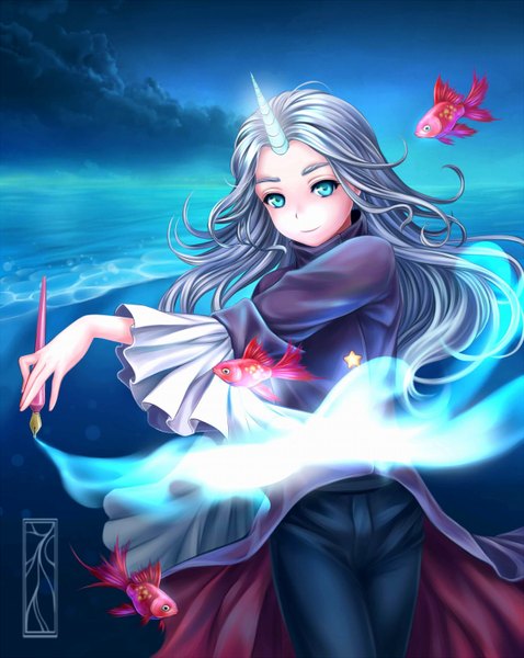 Anime picture 1194x1500 with original kotikomori single long hair tall image blue eyes smile signed sky silver hair cloud (clouds) horn (horns) magic watermark oni horns girl dress sea fish (fishes) jeans