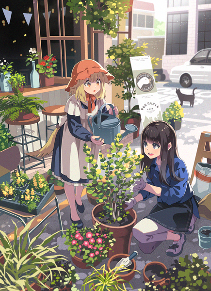 Anime picture 632x871 with original bf. (sogogiching) long hair tall image open mouth black hair blonde hair standing multiple girls brown eyes animal ears outdoors tail animal tail black eyes squat girl 2 girls plant (plants) hat