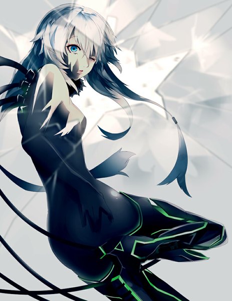 Anime picture 800x1035 with original chiruru96 single long hair tall image looking at viewer fringe breasts blue eyes light erotic white background bare shoulders bent knee (knees) parted lips one eye closed looking back grey hair wink high heels alternate costume