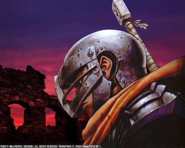 Anime picture 1280x1024 with berserk guts single sky head tilt inscription evening looking down sunset ruins boy weapon scarf armor helmet