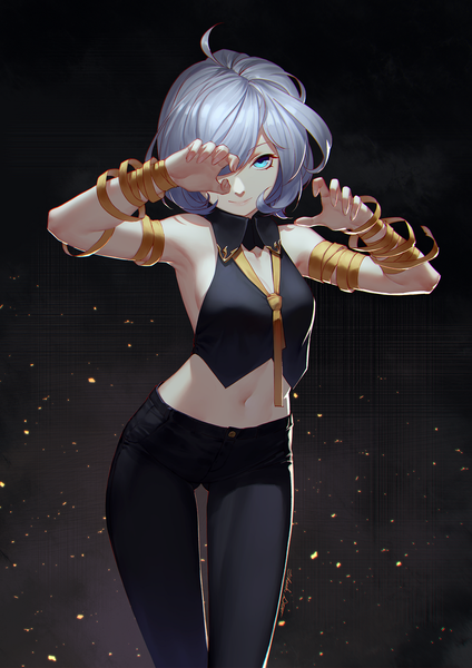 Anime picture 992x1403 with original daye bie qia lian single tall image looking at viewer fringe short hair blue eyes simple background smile standing bare shoulders signed cleavage silver hair ahoge arm up hair over one eye arms up bare belly