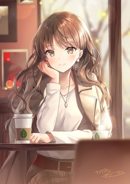 Anime picture 2480x3508 with original kagachi saku single long hair tall image looking at viewer blush fringe highres brown hair sitting brown eyes signed indoors light smile blurry depth of field lens flare wavy hair steam