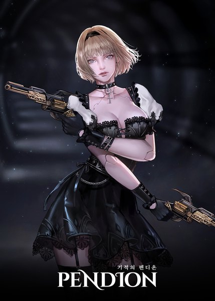 Anime picture 1600x2240 with project pendion majo single tall image looking at viewer short hair breasts brown hair holding brown eyes cleavage parted lips blurry short sleeves copyright name dual wielding doll joints girl dress gloves