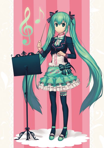 Anime picture 1247x1772 with vocaloid hatsune miku minari tall image smile twintails very long hair aqua eyes aqua hair treble clef girl thighhighs dress bow black thighhighs hair bow frills musical note