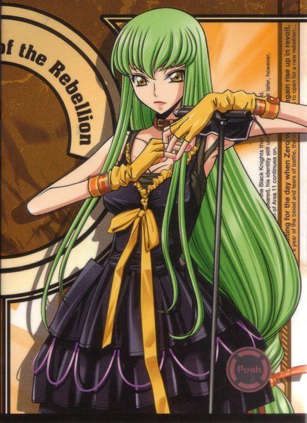 Anime picture 1992x2738 with code geass sunrise (studio) c.c. single tall image looking at viewer fringe highres bare shoulders yellow eyes very long hair nail polish green hair scan girl dress gloves bow fingerless gloves black dress