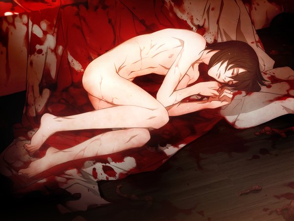 Anime picture 1600x1200 with sweet pool nitro+chiral youji sakiyama single light erotic brown hair eyes closed floor boy blood