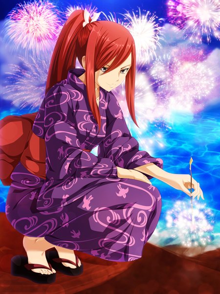 Anime picture 3600x4800 with fairy tail erza scarlet salim202 single long hair tall image highres smile absurdres ponytail red hair traditional clothes japanese clothes pink eyes night night sky coloring squat fireworks girl