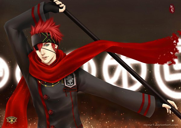 Anime picture 1024x724 with d.gray-man lavi myme1 single short hair green eyes red hair lips realistic boy weapon earrings scarf fingerless gloves eyepatch bandana