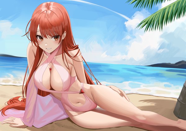 Anime picture 4160x2937 with original re-leaf single long hair looking at viewer blush fringe highres breasts light erotic smile brown hair large breasts sitting brown eyes absurdres sky cloud (clouds) outdoors parted lips