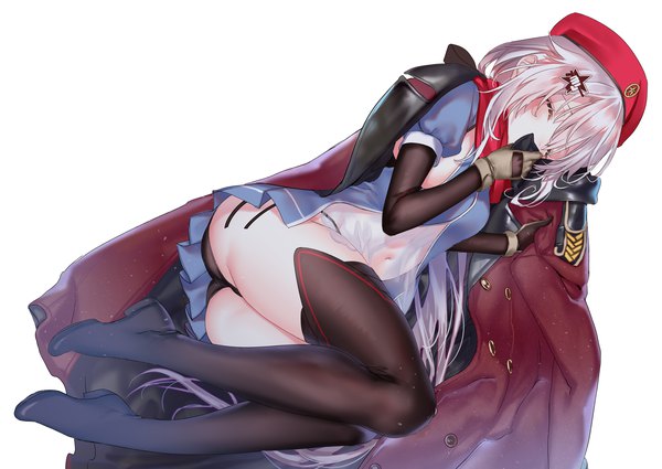 Anime picture 3100x2200 with girls frontline 9a-91 (girls frontline) pottsness single long hair blush fringe highres light erotic simple background white background absurdres silver hair full body ass lying eyes closed short sleeves on side sleeping
