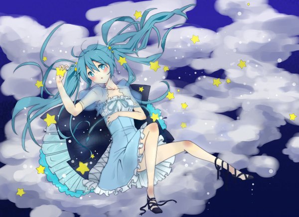 Anime picture 1509x1097 with vocaloid hatsune miku yega (artist) single blush twintails cloud (clouds) very long hair aqua eyes aqua hair girl dress star (symbol)