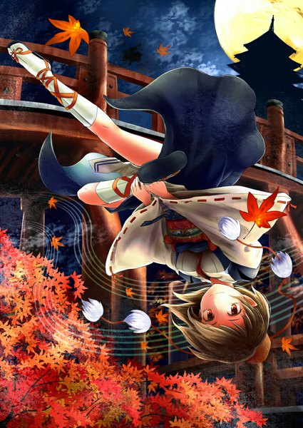 Anime picture 835x1180 with touhou shameimaru aya kouzilow (artist) single tall image looking at viewer fringe short hair breasts brown hair holding brown eyes sky traditional clothes light smile night legs upside down autumn weightlessness