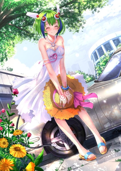 Anime picture 1018x1440 with dimension w toyota yurizaki mira swordsouls single tall image blush short hair smile full body eyes closed multicolored hair green hair two-tone hair streaked hair girl hair ornament flower (flowers) plant (plants) hat