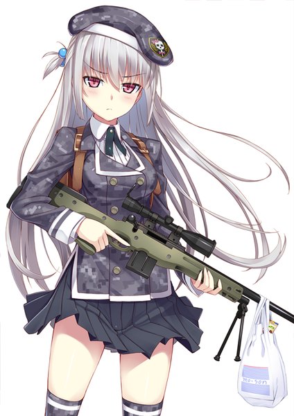 Anime picture 566x800 with original gin (ginshari) single long hair tall image looking at viewer blush fringe simple background standing white background holding silver hair pleated skirt one side up girl skirt hair ornament weapon gun
