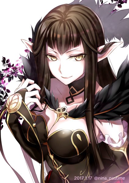 Anime picture 800x1132 with fate (series) fate/apocrypha semiramis (fate) nina (pastime) single long hair tall image looking at viewer fringe breasts light erotic simple background smile brown hair large breasts white background signed yellow eyes cleavage upper body
