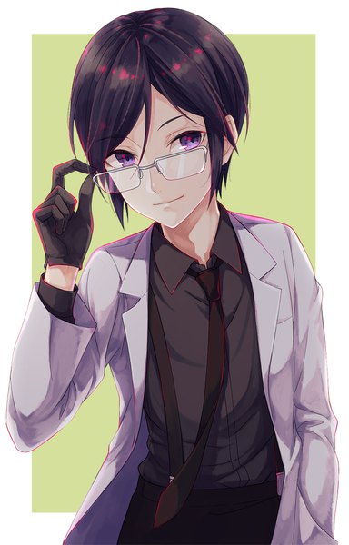 Anime picture 641x1000 with touken ranbu nitroplus yagen toushirou hitsuji (hanatoutau) single tall image short hair black hair purple eyes upper body border adjusting glasses boy gloves shirt black gloves glasses necktie suspenders labcoat