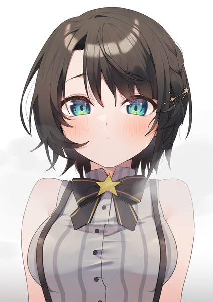 Anime picture 833x1179 with virtual youtuber hololive oozora subaru oozora subaru (2nd costume) syhan single tall image looking at viewer blush fringe short hair blue eyes black hair simple background white background upper body sleeveless official alternate costume striped girl