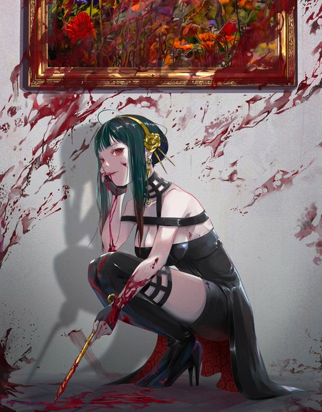 Anime picture 2480x3169 with spy x family yor briar peropicnic single long hair tall image highres breasts light erotic red eyes large breasts full body ahoge shadow high heels squat blood on face bloody clothes dark hair blood stains