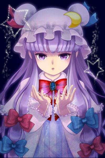 Anime picture 1000x1500 with touhou patchouli knowledge yamato22 single long hair tall image purple eyes purple hair girl bow hair bow bowtie bonnet