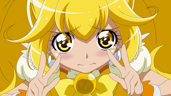 Anime picture 4096x2304 with precure smile precure! kise yayoi cure peace single long hair looking at viewer blush highres blonde hair wide image yellow eyes absurdres girl