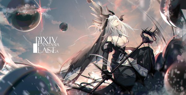 Anime picture 1600x821 with original pixiv fantasia pixiv fantasia last saga skade single long hair fringe breasts light erotic wide image large breasts holding sky cleavage cloud (clouds) outdoors white hair parted lips horn (horns) lips