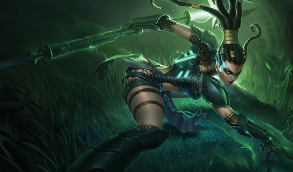 Anime-Bild 1215x717 mit league of legends nidalee (league of legends) single long hair black hair wide image tattoo piercing magic face paint girl gloves plant (plants) grass trident dreadlocks