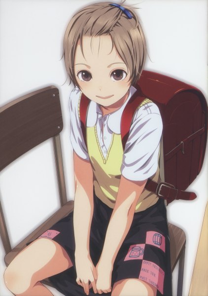 Anime picture 3380x4800 with original sody (artist) single tall image looking at viewer blush highres short hair open mouth smile brown hair sitting brown eyes absurdres scan girl uniform school uniform backpack randoseru
