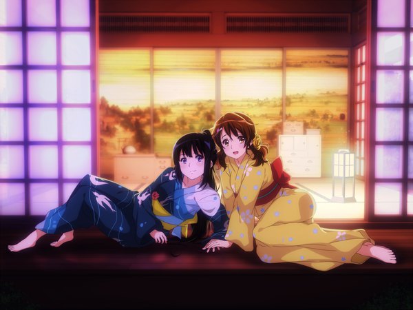 Anime picture 1280x960 with hibike! euphonium kyoto animation kousaka reina oumae kumiko sbel02 long hair looking at viewer open mouth black hair brown hair purple eyes multiple girls brown eyes ponytail traditional clothes japanese clothes barefoot girl 2 girls kimono