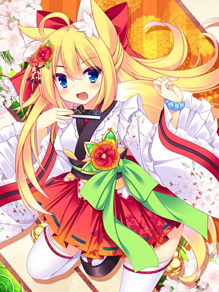 Anime picture 600x800 with original roshin single long hair tall image blush open mouth blue eyes blonde hair animal ears tail animal tail fox ears fox tail fox girl girl thighhighs flower (flowers) white thighhighs
