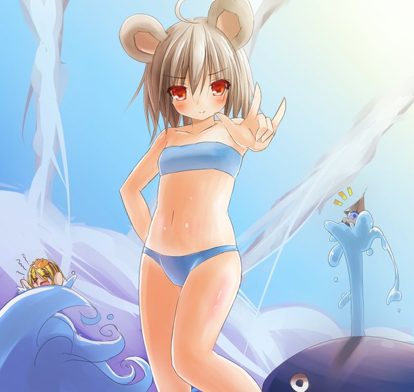 Anime picture 1920x1820 with touhou nazrin toramaru shou greatmosu looking at viewer blush highres short hair blonde hair red eyes bare shoulders multiple girls animal ears screaming mouse ears posing girl hair ornament 2 girls swimsuit