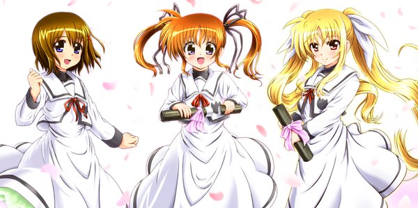 Anime picture 2181x1087 with mahou shoujo lyrical nanoha fate testarossa takamachi nanoha yagami hayate diesel-turbo long hair blush highres short hair open mouth blue eyes blonde hair red eyes brown hair wide image purple eyes twintails multiple girls orange hair girl