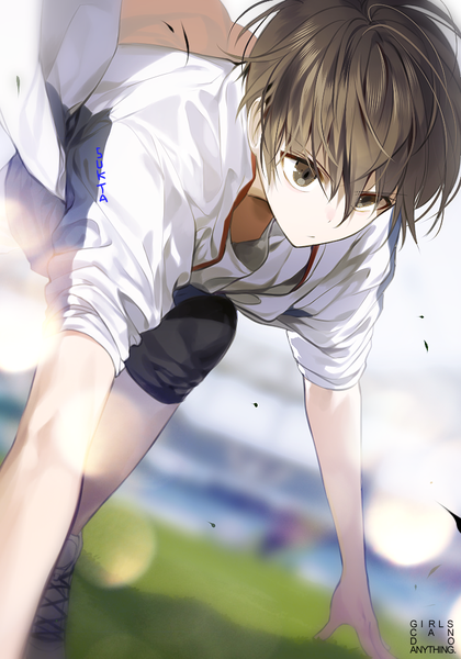 Anime-Bild 700x1000 mit original sorolp single tall image fringe short hair hair between eyes brown hair brown eyes looking away outdoors blurry depth of field text english serious reverse trap tomboy girl uniform