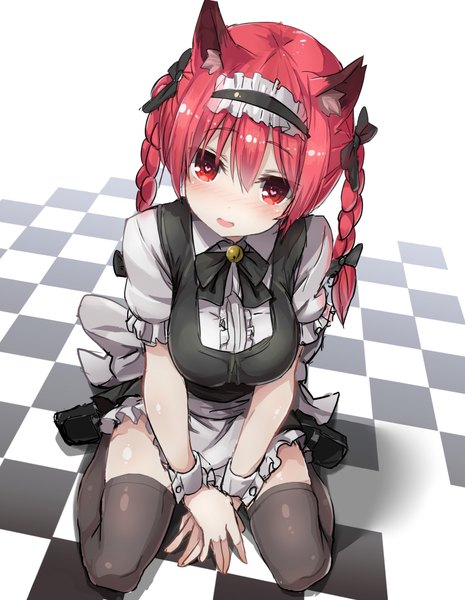 Anime picture 1530x1972 with touhou kaenbyou rin greatmosu single long hair tall image blush fringe breasts open mouth red eyes large breasts sitting animal ears pink hair braid (braids) head tilt cat ears maid cat girl