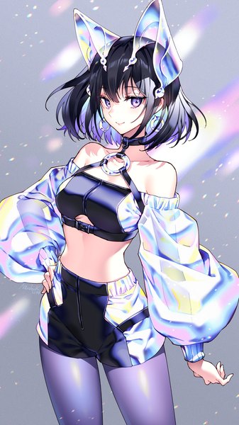 Anime picture 1080x1920 with original nardack single tall image looking at viewer fringe short hair breasts black hair smile standing purple eyes bare shoulders signed long sleeves multicolored hair off shoulder bare belly puffy sleeves hand on hip