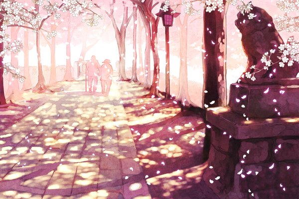 Anime picture 1682x1124 with original furai (furai127) from behind cherry blossoms holding hands walking silhouette plant (plants) hat petals tree (trees) lantern statue path