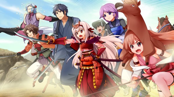 Anime picture 1280x720 with sengoku hime 4 long hair short hair open mouth black hair red eyes brown hair wide image multiple girls brown eyes game cg purple hair white hair traditional clothes multiple boys girl boy weapon sword katana