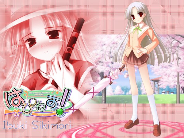 Anime picture 1280x960 with happiness shikimori ibuki long hair looking at viewer blush red eyes standing full body white hair copyright name character names hand on hip cherry blossoms magic multiview closed umbrella long legs girl skirt plant (plants)