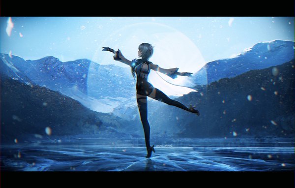 Anime picture 2512x1601 with genshin impact eula lawrence anna (drw01) single highres short hair blue hair full body outdoors profile high heels standing on one leg snowing letterboxed spread arms dancing girl vision (genshin impact) ice